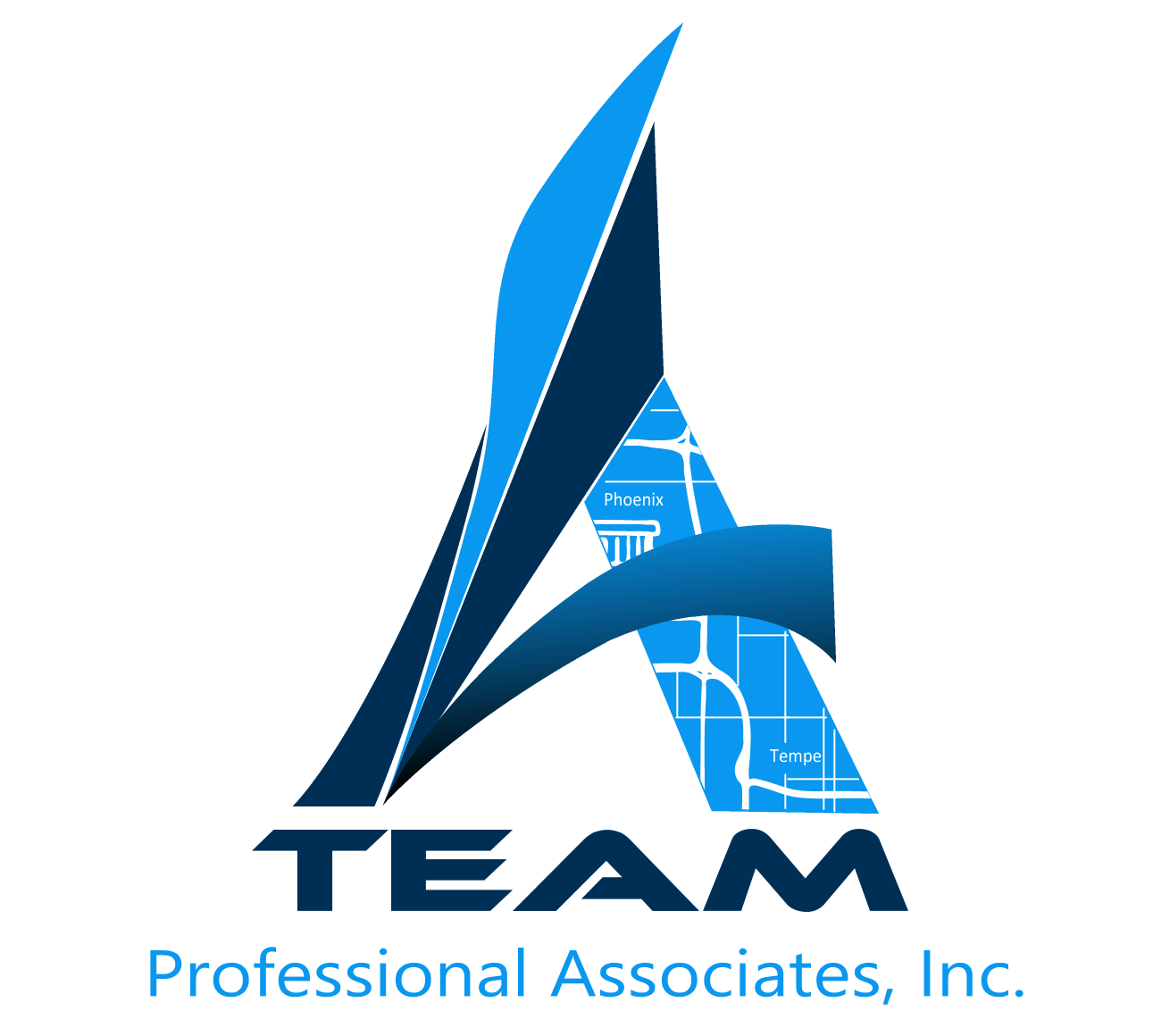 A Team Professional Associates, Inc. official logo – dark blue version featuring stylized “A” with Phoenix and Tempe map overlay.
