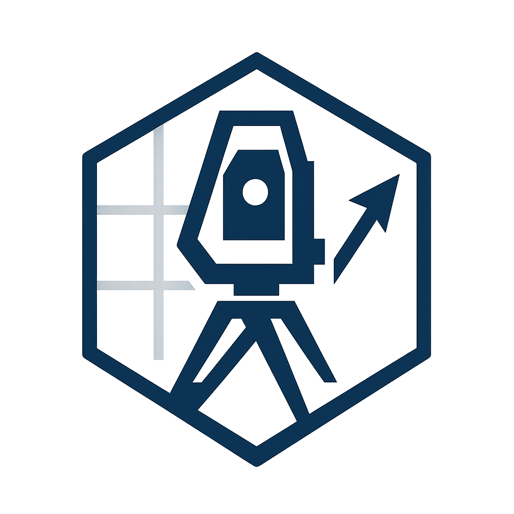 Blue hexagonal logo featuring a total station with an upward arrow, symbolizing precision, technology, and progress in surveying. Used for A Team Professional Associates’ survey quote request wizard.